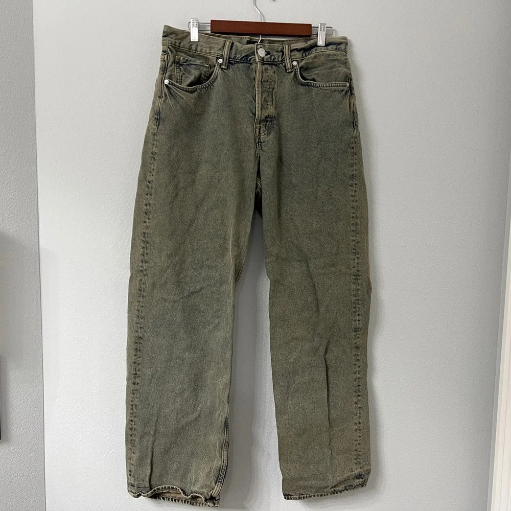 H&M Mens 34x34 Green Acid Wash Loose Straight Jeans Button Fly 100% Cotton